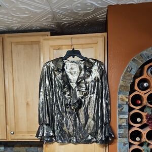 Alice + Olivia Metallic Gold and Black Ruffle Blouse